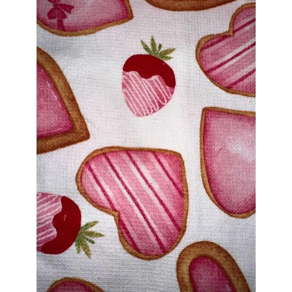 Valentine’s Day White Red Pink Tan Cookies Hearts Berries Cotton Tea Towels
